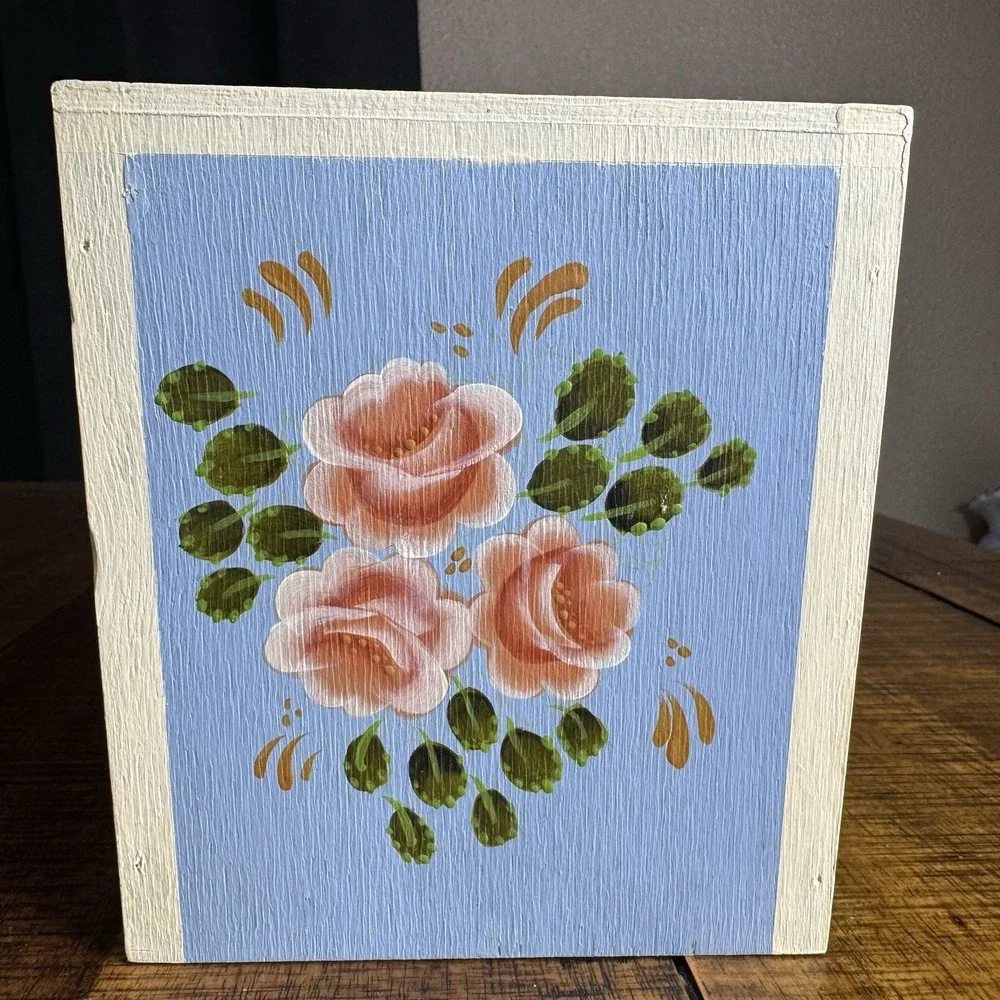 Vintage Hand Painted Tole Wooden Tissue Box Cover Cottage Core Shabby Chic Roses